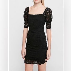 EXPRESS Black Lace Floral Print Puff Sleeves Ruched Square Neckline Mini Dress